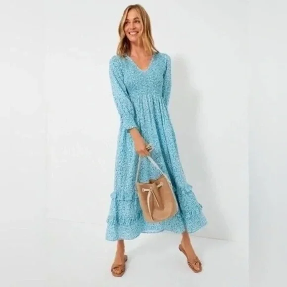 Tuckernuck Pink City Prints Ocean Ditsy Isabel V Neck Dress Large